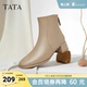 新款 靴羊皮休闲短靴子秋季 7AC56DD4 靴女鞋 TATA他她粗跟通勤时装