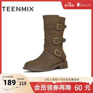 天美意复古西部靴牛仔堆堆靴骑士靴女休闲短靴冬新款 KQZ12DZ4