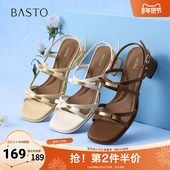 百思图2025夏季 CK213BL5 简约潮流一字带粗跟女凉鞋 新款 时尚