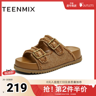 KK023BH5 厚底女勃肯鞋 天美意2025新款 牛仔布皮带扣休闲时尚