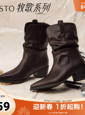 百思图2025冬季新款堆堆靴时装靴时尚潮流粗跟尖头女中靴F3061DZ5