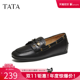 TATA他她平底小皮鞋女休闲鞋羊皮黑色懒人乐福鞋2026新款NZM02AA6