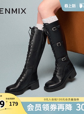 天美意复古西部靴骑士靴长靴女高筒时装靴皮靴冬新款BK251DG4