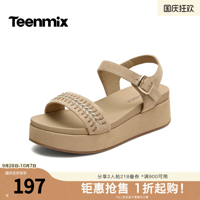 天美意2026夏新款商场同款坡跟百搭休闲女一字带凉鞋CFX03BL6