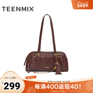 天美意2025冬新款商场同款手提包纯色百搭复古女单肩包X3209DX5