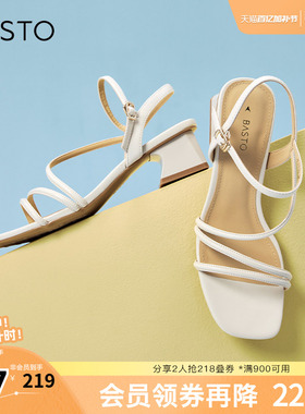 百思图春夏季新款商场同款复古休闲条带罗马粗跟女凉鞋TNE32BL4