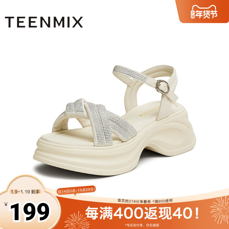 天美意2025新款商场同款时尚水钻厚底女一字带凉鞋BK941BL5