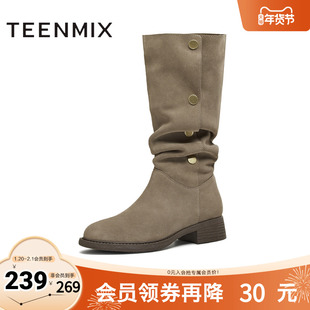 天美意2025冬新款复古美拉德百搭日常显瘦长靴女西部靴KXZ23DG5