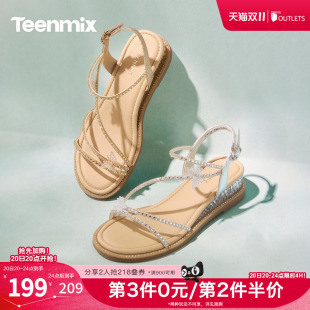 天美意2026夏新款坡跟水钻细条带气质外穿女时装凉鞋CTI24BL6