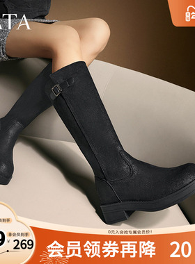 TATA他她复古黑色长筒靴靴子女粗跟西部靴骑士靴冬新CY601DG4