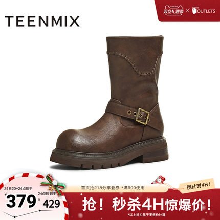 天美意2025冬新款商场同款圆头粗跟复古长靴女骑士靴BM352DZ5