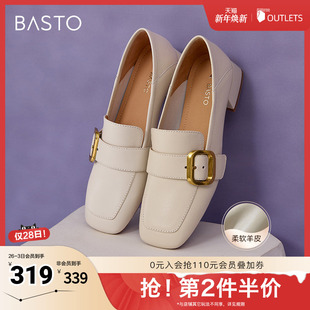 粗跟方头女单鞋 简约金属口乐福鞋 A2595AA5 新款 百思图2025春季