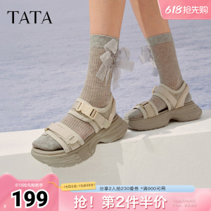 TATA他她厚底沙滩凉鞋女黑色运动凉鞋魔术贴凉鞋春新CXM01BL5奥莱