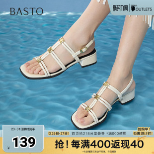 潮流复古百搭风罗马凉粗跟女凉鞋 时尚 B5378BL5 新款 百思图夏季