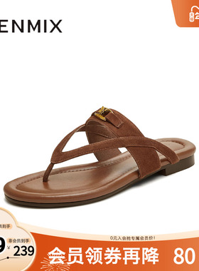 天美意2025新款复古百搭平底夹趾简约女一字带凉拖鞋KT094BT5