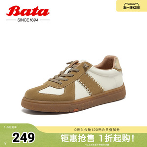 Bata休闲鞋女春商场新款牛皮通勤软底复古德训运动鞋AWB06AM5