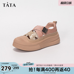 春季 Tata他她休闲厚底板鞋 女鞋 户外镂空包头凉鞋 CAS01BH4奥莱 新款