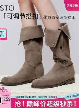 百思图冬季新款时尚简约街头弹力靴高筒靴粗跟女长靴W2671DG4