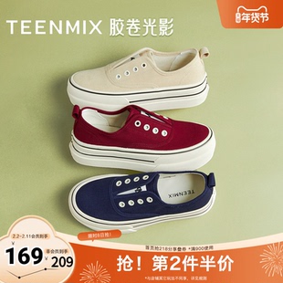 天美意2025秋新款厚底一脚蹬时尚休闲鞋女帆布鞋KJ010CM5