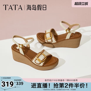 TATA他她海岛假日法式 女鞋 度假一字带凉鞋 夏7MYA1BL5奥莱 坡跟凉鞋