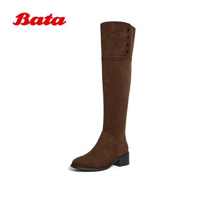 Bata西部靴女2025冬季商场新款翻翻靴厚底显瘦长筒牛仔靴10581DC5