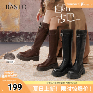 百思图秋冬季新款商场同款骑士靴街头潮流粗跟女长靴F2021DG5