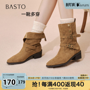 潮流复古粗跟女中靴BP019DZ5 西部靴时尚 百思图2025冬季 新款