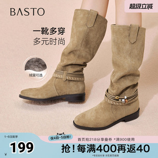 堆堆靴西部靴时尚 复古女长靴W5862DG5 新款 百思图秋冬季