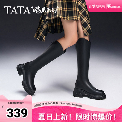 TATA他她喵爪靴气质V口长筒靴女靴厚底瘦瘦弹力靴长靴子CEG03DC4