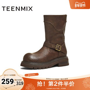天美意2025冬新款商场同款圆头粗跟复古长靴女骑士靴BM352DZ5