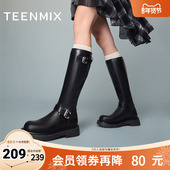 天美意厚底复古骑士靴长靴西部靴女高筒时装 靴冬新款 KTX16DG4