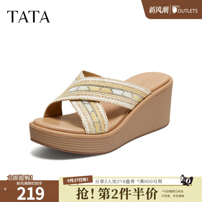 TATA他她一字拖夏季新款女鞋百搭厚底外穿休闲沙滩凉拖鞋Y4E03BT6