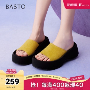 潮流户外休闲一字拖厚底女拖鞋 时尚 W7011BT5 新款 百思图2025夏季