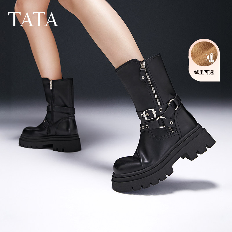 TATA他她复古加绒时装冬季短靴马丁靴机车西部靴女鞋奥莱CDM01DS4