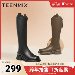 天美意厚底V口加绒骑士靴长靴女高筒靴子冬新款 BH641DG3