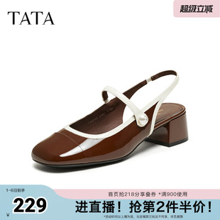 女春新款 7HF02BH5奥莱 女粗跟高跟气质玛丽珍凉鞋 TATA他她黑色凉鞋