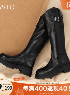 百思图2025冬季新款骑士靴时尚简约街头潮流女长靴BV808DG5