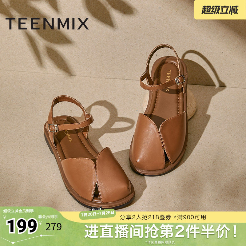 天美意平底后空包头凉鞋女外穿复古休闲凉鞋夏季新款KX008BL5