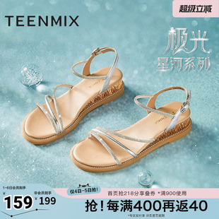 天美意仙女一字带坡跟厚底凉鞋 凉鞋 新款 CTI32BL4 女外穿时装