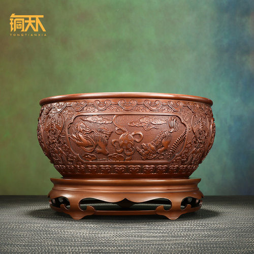 紫铜工艺品聚宝盆八宝双鱼花纹
