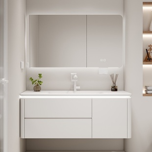 橡木实木浴室柜组合岩板热弯奶油风陶瓷一体盆卫生间洗漱台洗手盆