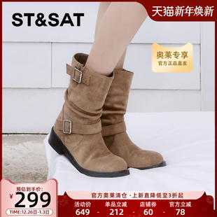 星期六西部靴2024平跟百搭时尚 搭扣时候黑色简约女靴SSC4118645