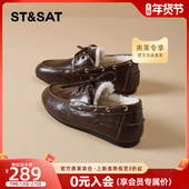 女2025冬季 新款 蝴蝶结复古棕色小皮鞋 星期六软底加绒乐福鞋 棉鞋 子