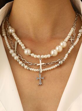 New pearl tassel collar with diamond studded cross necklace