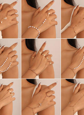 Elegant lady Butterfly Pearl Finger Ring Chain Bracelet 手链