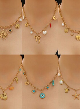 New Ocean Love Bow Moon Devil's Eye Pendant Chain Necklace