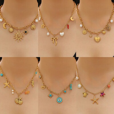New Ocean Love Bow Moon Devil's Eye Pendant Chain Necklace