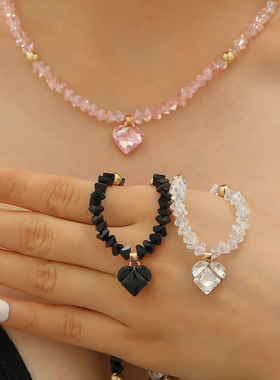 项链Elegant sweet Hip hop heart-shaped bead crystal necklace