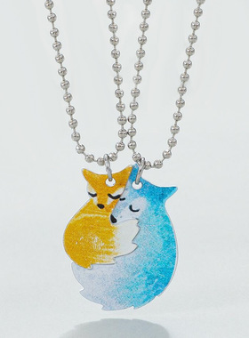 animals fox hugging big grey wolf pendant lovers necklace 饰