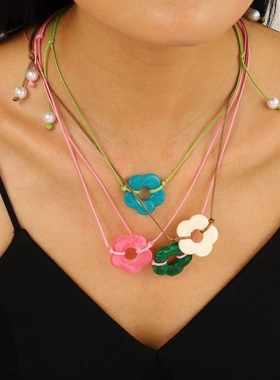 Flower pendant wax thread necklace women's retro temperament